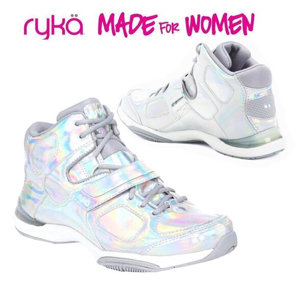 NWT Ryka Women's Tenacious Patent Silver Iridescent Comfort Training Sneakers - Picture 1 of 11